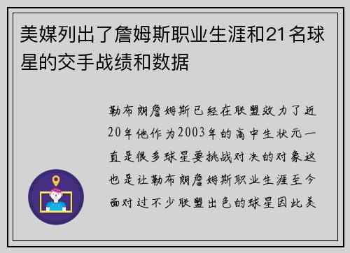 美媒列出了詹姆斯职业生涯和21名球星的交手战绩和数据